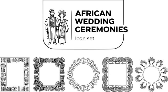 African Wedding Ceremony Outline Icon Set with Kente Cloth Pattern, Talking Drum and Gele Headwrap Frames, Editable Vector Line Art, 5 Icons