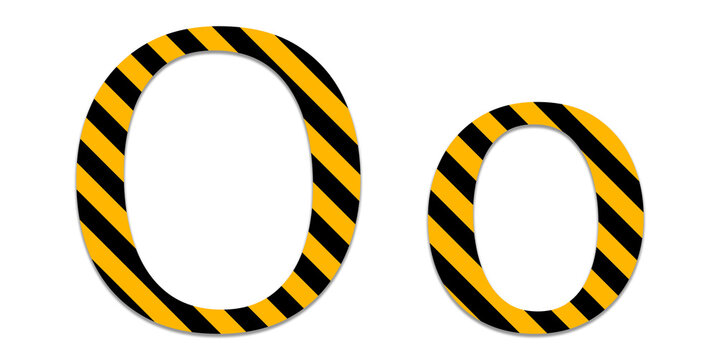 Uppercase and lowercase letter o with black and yellow hazard warning diagonal striped pattern isolated on a transparent background