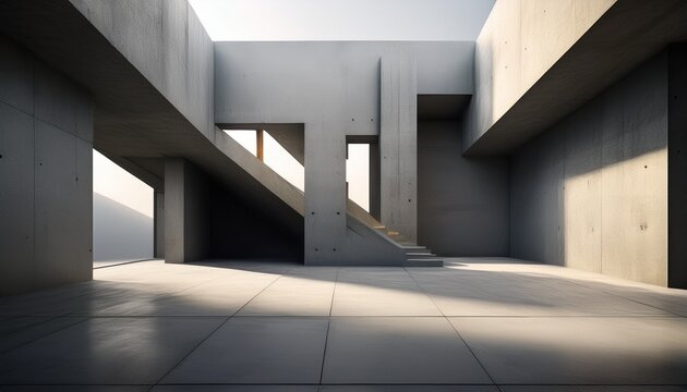 concrete brutalist architecture interior with geometric light and shadow