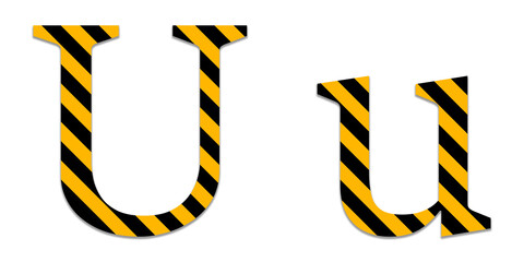 Uppercase and lowercase letter u with yellow and black diagonal hazard warning stripe pattern isolated on a transparent background © Rabeya