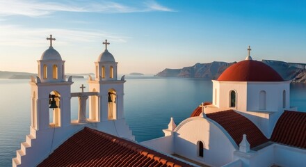 Obraz premium Coastal church with crosses and domes by the sea under blue sky