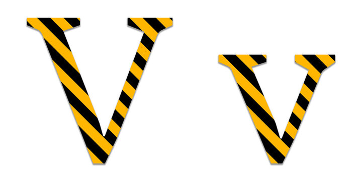 Uppercase and lowercase letter v with yellow and black diagonal hazard warning stripe pattern isolated on a transparent background