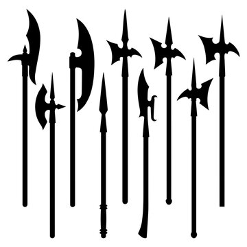 Set of black silhouettes of medieval polearms halberds and battle axes