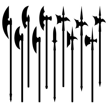 Set of ancient polearm weapons and halberds silhouettes with medieval, military