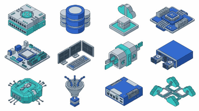 Isometric Technology Server Rack and Data Center Icons.