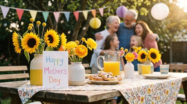 Happy mothers day outdoor garden celebration with family sitting at table decorated with sunflowers and colorful bunting during sunny summer afternoon meal.