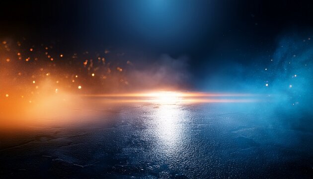 dark cinematic background with a reflective wet surface and thick fog illuminated by contrasting blue and orange light sources with glowing bokeh and floating particles