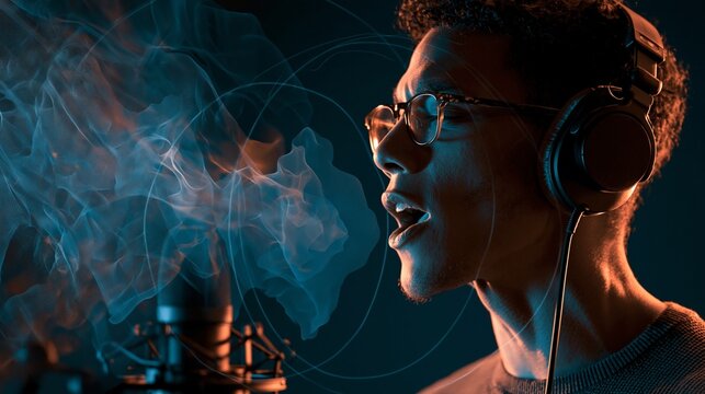 A young man speaks into a studio microphone while translucent sound waves, phoneme shapes, and feedback loops surround his face, illustrating audiomotor prediction error, delayed auditory feedback