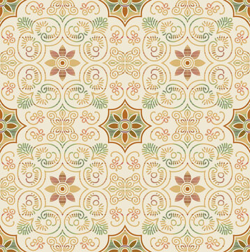 Seamless vector pattern with traditional Portuguese azulejo floral ornaments in earthy gold and green tones.