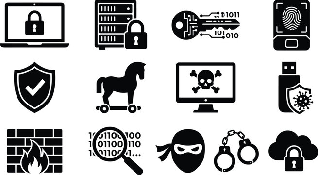 Cyber security and data protection icons set with hacker malware black silhouettes isolated on white background