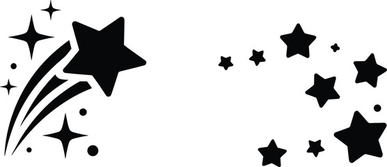 Sparkling star icons, shooting star trail and celestial symbols isolated black vector decorative illustration collection design © Sume