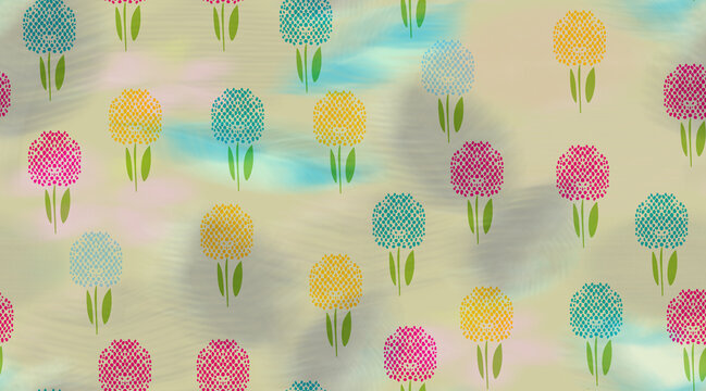floral pattern with stylized colorful globe flowers on a soft textured background.