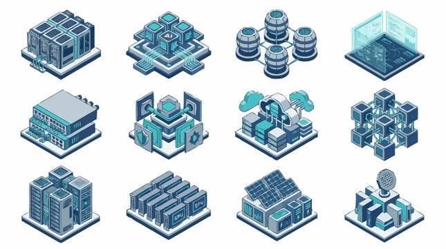 Isometric Data Center and Server Room Illustrations.