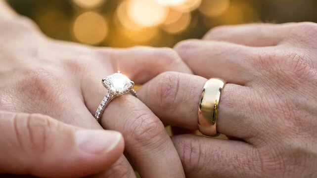 Close-up of hands with wedding and engagement rings against a bokeh background capturing love and union
