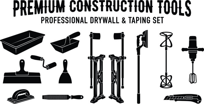 Professional drywall and taping construction tools icons set with plastering equipment black silhouettes isolated on white background