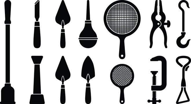 Scientific archaeology field excavation and artifact recovery hand tools icons set with black silhouettes isolated on white background
