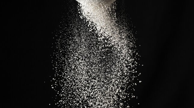 Pure white flour particles falling gracefully from a metal sieve against a solid black background captured in high shutter speed