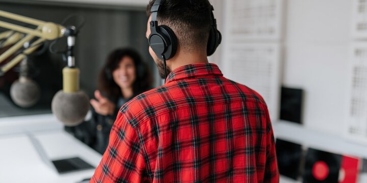 Podcast host in a recording studio wearing headphones and a red plaid shirt for radio interview background and broadcast banner design