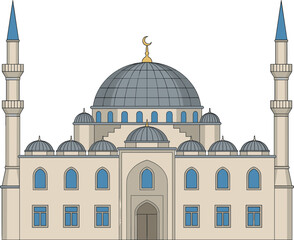 Obraz premium Classic islamic mosque building vector illustration featuring a large central grey dome and blue tipped minarets