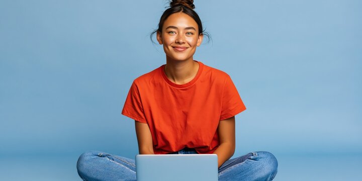 Woman seated with laptop on blue backdrop for remote work banner and online learning background design