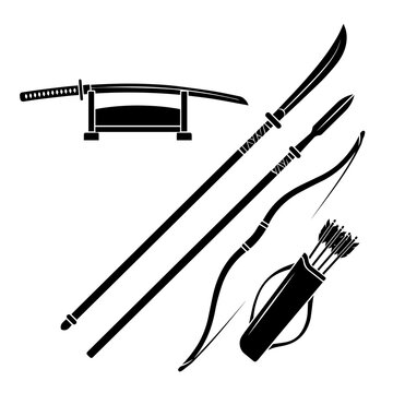 Set of traditional japanese samurai weapons katana yumi bow and naginata polearm