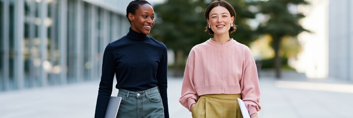 Naklejka premium Two professional women walking side by side outside with laptop and papers for workplace banner and team background use