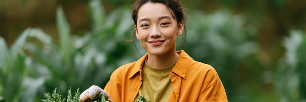 Smiling gardener holding freshly picked herbs and vegetables for organic market banner and sustainable lifestyle background