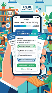 Flat vector illustration of micro-learning concept showing mobile app interface with digital quiz cards for rapid education