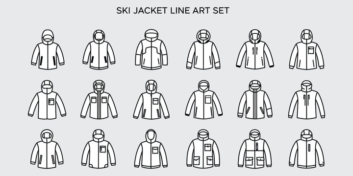 Collection of ski jacket outlines in a simple vector silhouette style on a gray background

