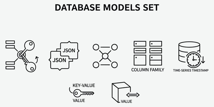 Database models set with relational graph JSON column family and time series concepts in minimalist vector silhouette style
