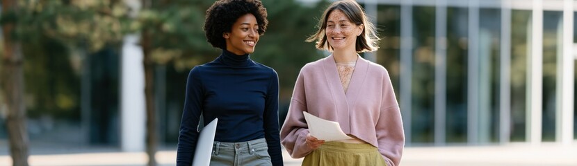 Fototapeta premium Two women walking outdoors smiling while holding papers for workplace lifestyle background and education banner design