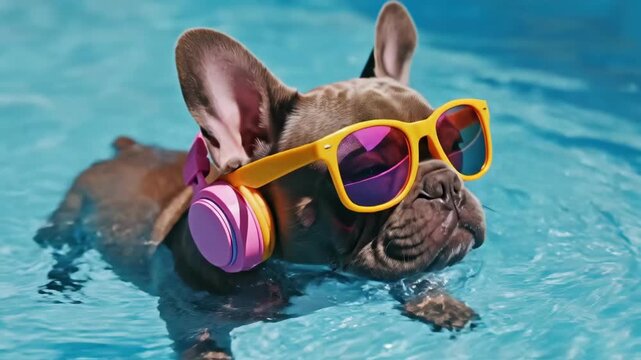Adorable french bulldog with sunglasses and headphones in pool