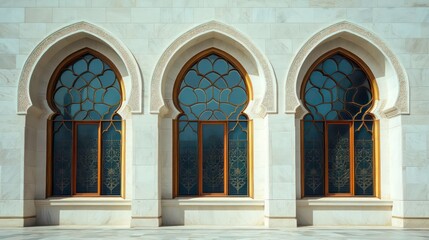 Obraz premium A photograph of three large arched windows on the side wall of an Arabic mosque