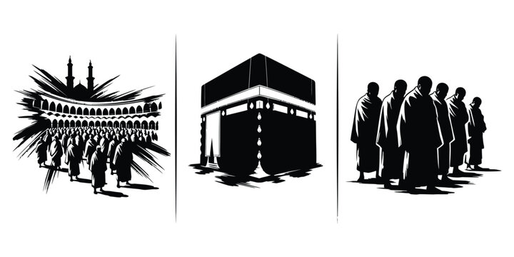 Pilgrims in Ihram performing Hajj around Kaaba with mosque silhouette during daytime vector
