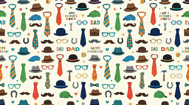 Fathers Day icons, colorful accessories pattern, dad gifts, mustache hats ties