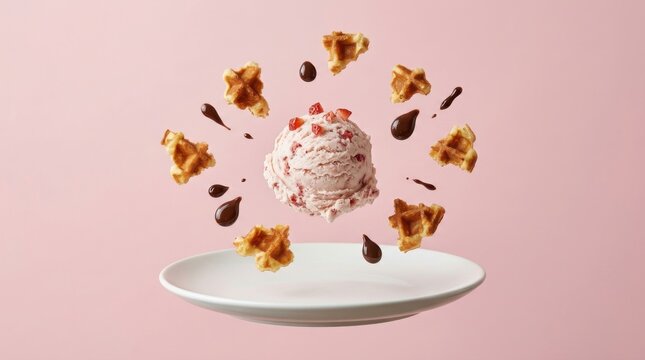 Strawberry ice cream scoop floating above a white plate surrounded by flying waffle pieces and chocolate drops on a pink background