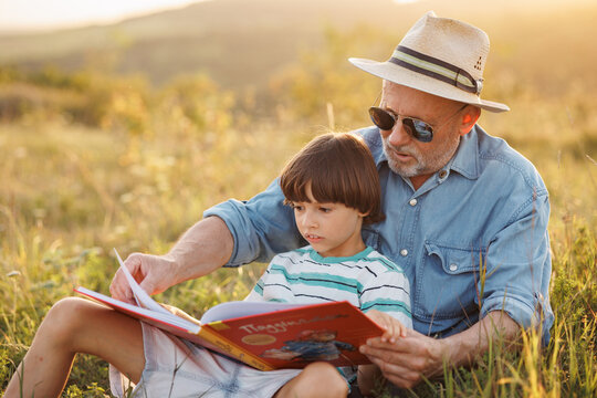 Little boy with his grandfather reading a book in a field at summer
