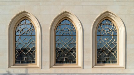 Obraz premium A photograph of three large arched windows on the side wall of an Arabic mosque