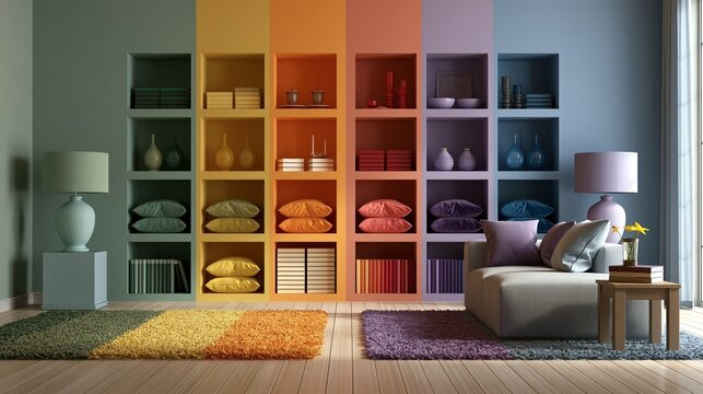 A contemporary room divided into four painted zones, each featuring distinct color families on shelves, cushions, rugs, and lamps, creating a clear comparison of trending home decor moods.