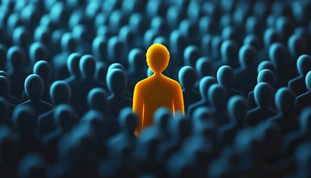 Lone yellow person stands out from crowd of blue figures in blue background.