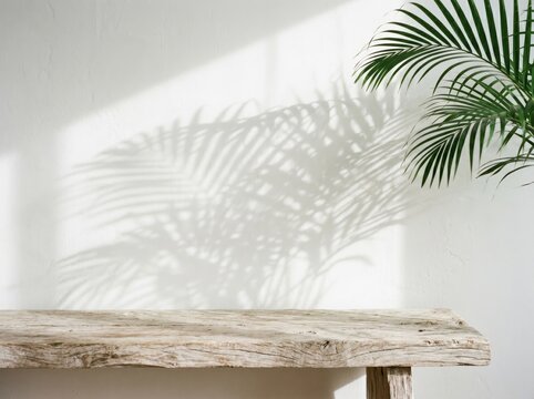 Rustic Wooden Table Mockup with Tropical Palm Leaf Shadow on White Wall for Minimalist Product Showcase Backgrounds