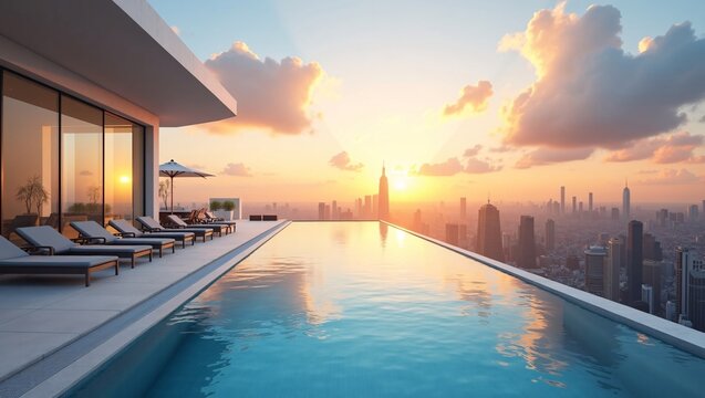 Rooftop infinity pool with lounge chairs, sunset city skyline backdrop