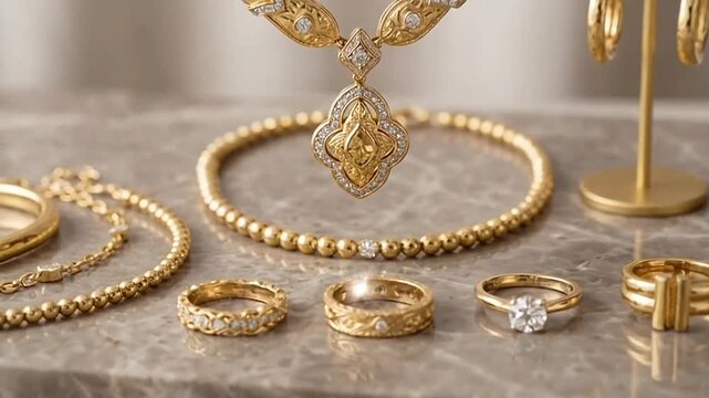 Elegant collection of gold jewelry including necklaces rings earrings on marble surface