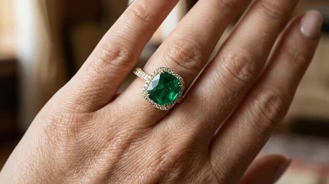 Close-up of a hand wearing an emerald and diamond ring showcasing exquisite jewelry craftsmanship