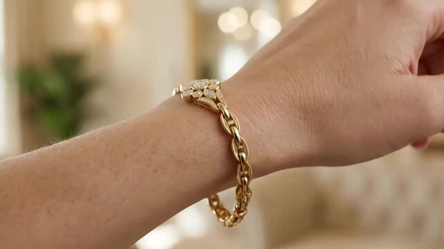 Elegant gold bracelet adorned with sparkling diamonds showcased in a sequence of detailed hand close-ups emphasizing luxury and