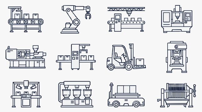 Minimalist Black and White Line Drawing Icons of Industrial Manufacturing Equipment and Machinery
