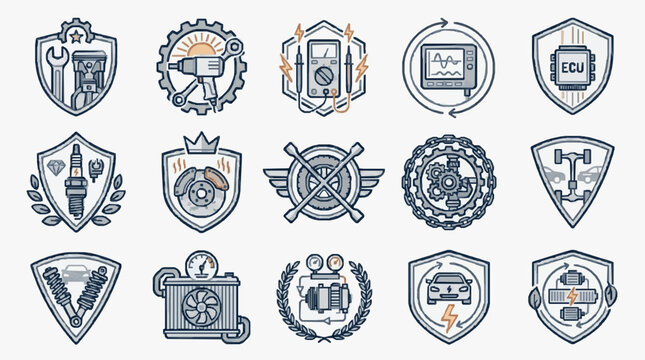 Industrial Auto Repair and Diagnostic Shields Collection Icons Showing Tools ECU Spark Plugs Multimeter and Car Components