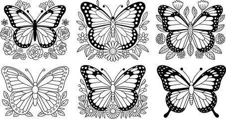 Fototapeta premium Collection of decorative butterfly and flower illustrations in black and white line art style for coloring book vector set