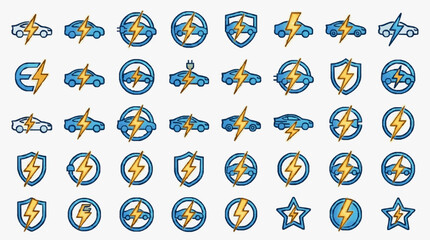 Fototapeta premium Sleek Collection of Modern Electric Car Icons with Bold Lightning Bolts in Blue and Gold Color Schemes
