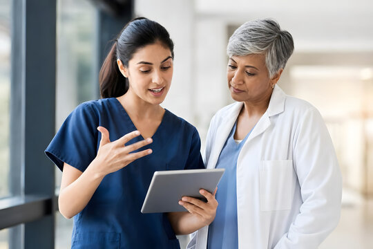 Candid moment: diverse female doctors discussing tablet data in